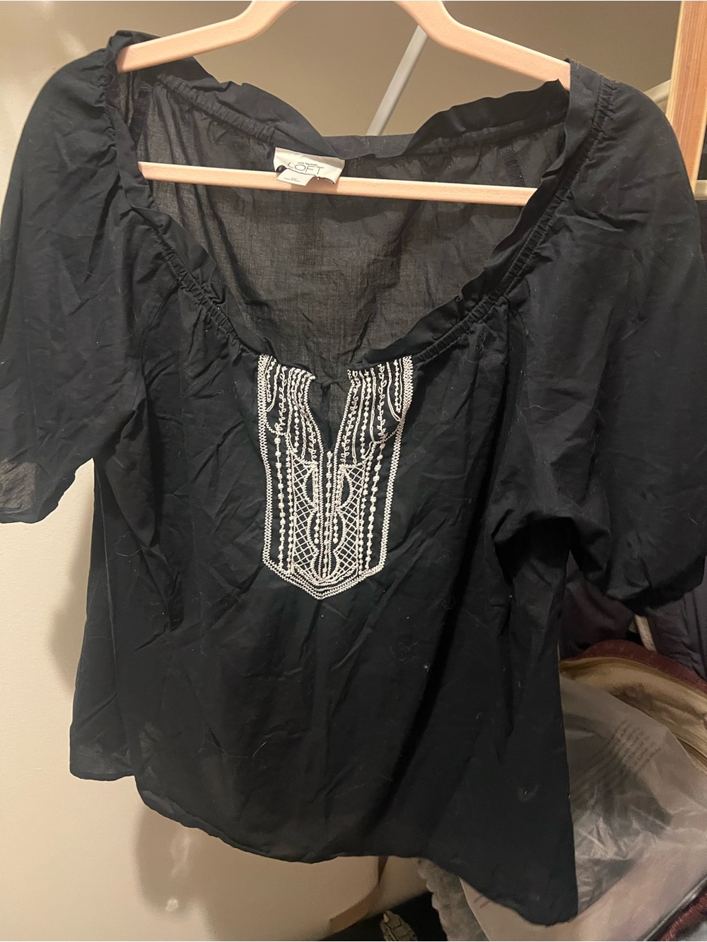 Ann Taylor Black Peasant Blouse with White Embroidered Yoke